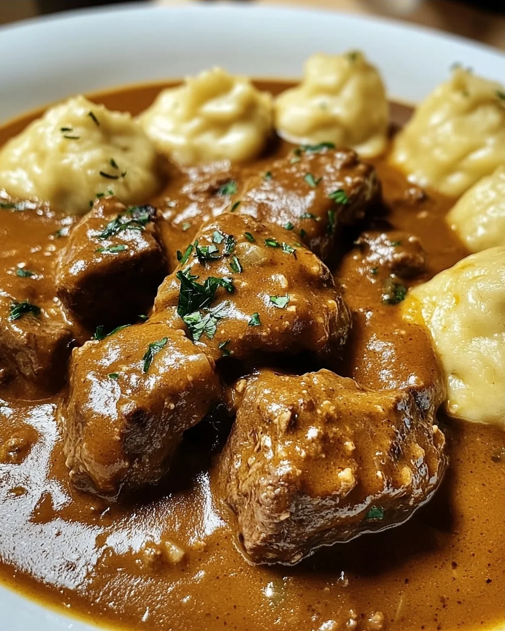 Butterzartes Rahmgulasch mit Serviettenknödel