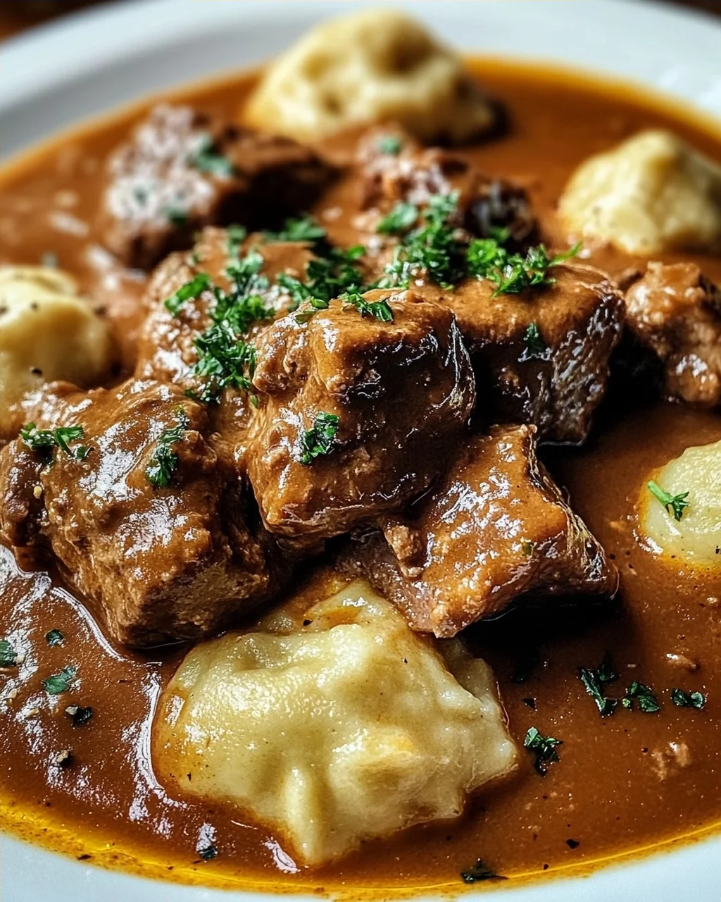 Butterzartes Rahmgulasch mit Serviettenknödel