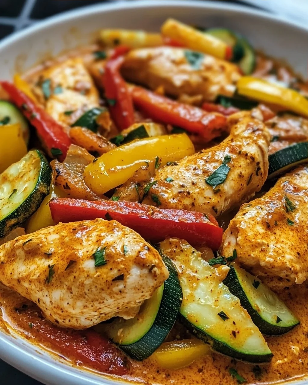 Cremiges Paprika Zucchini Hähnchen