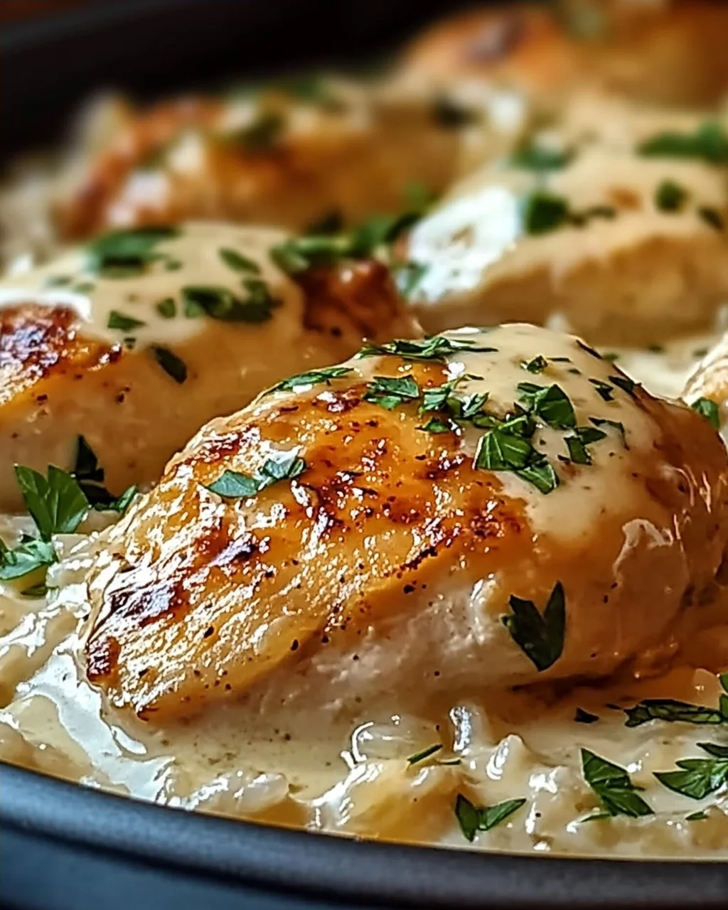 Cremiges Überbackenes Hühnchen und Reis zum Verlieben