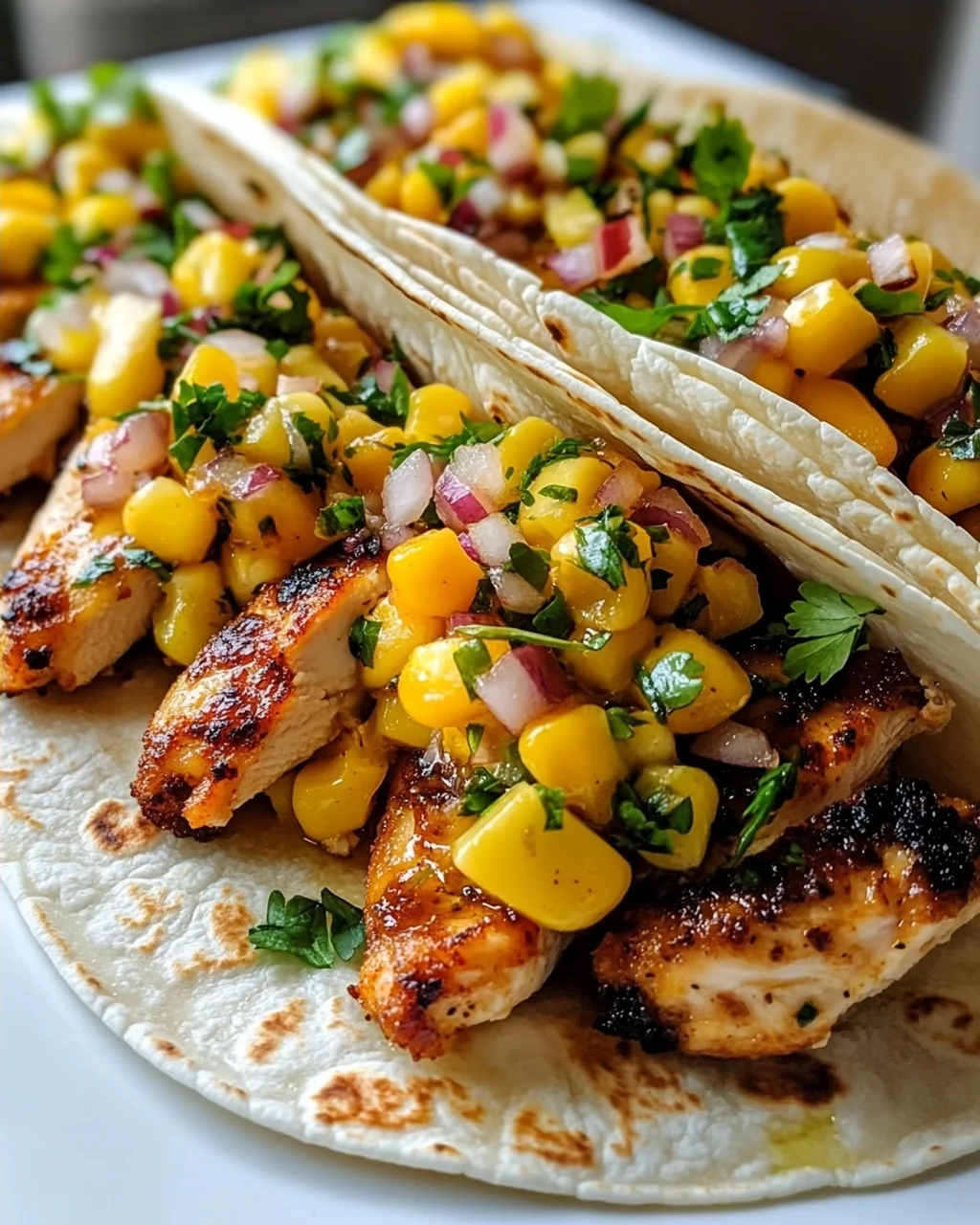 Crispy Maple Chili Chicken Tacos mit Mango-Mais-Salsa Rezept