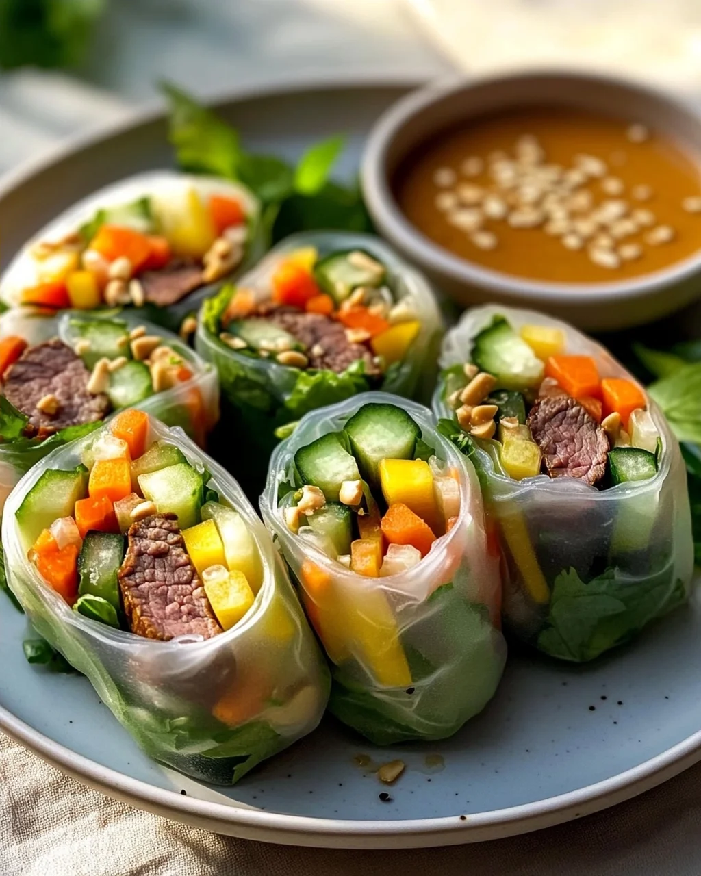 Frische Sommerrollen mit cremiger Erdnusssauce genießen