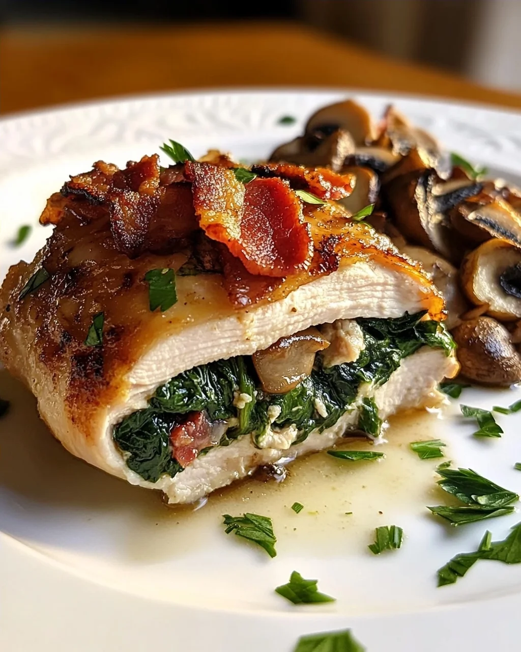 Gefüllte Hähnchenbrust mit Spinat, Rinderschinken und Pilzen