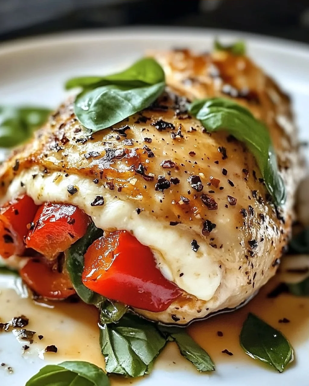 Geröstete rote Paprika und Mozzarella gefülltes Huhn