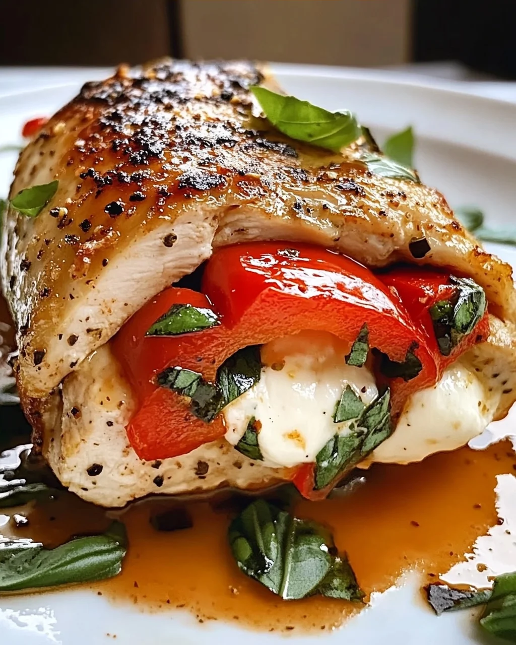 Geröstete rote Paprika und Mozzarella gefülltes Huhn