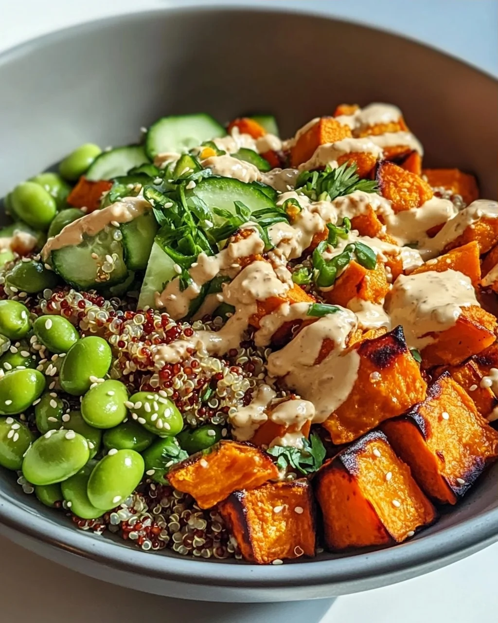 Gerösteter Süßkartoffel Quinoa Salat mit Sesam-Miso Sauce