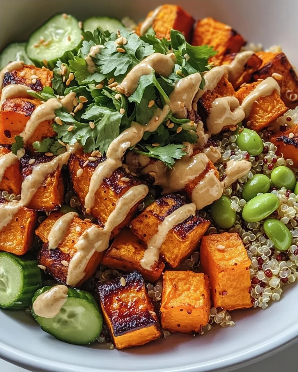 Gerösteter Süßkartoffel Quinoa Salat mit Sesam-Miso Sauce