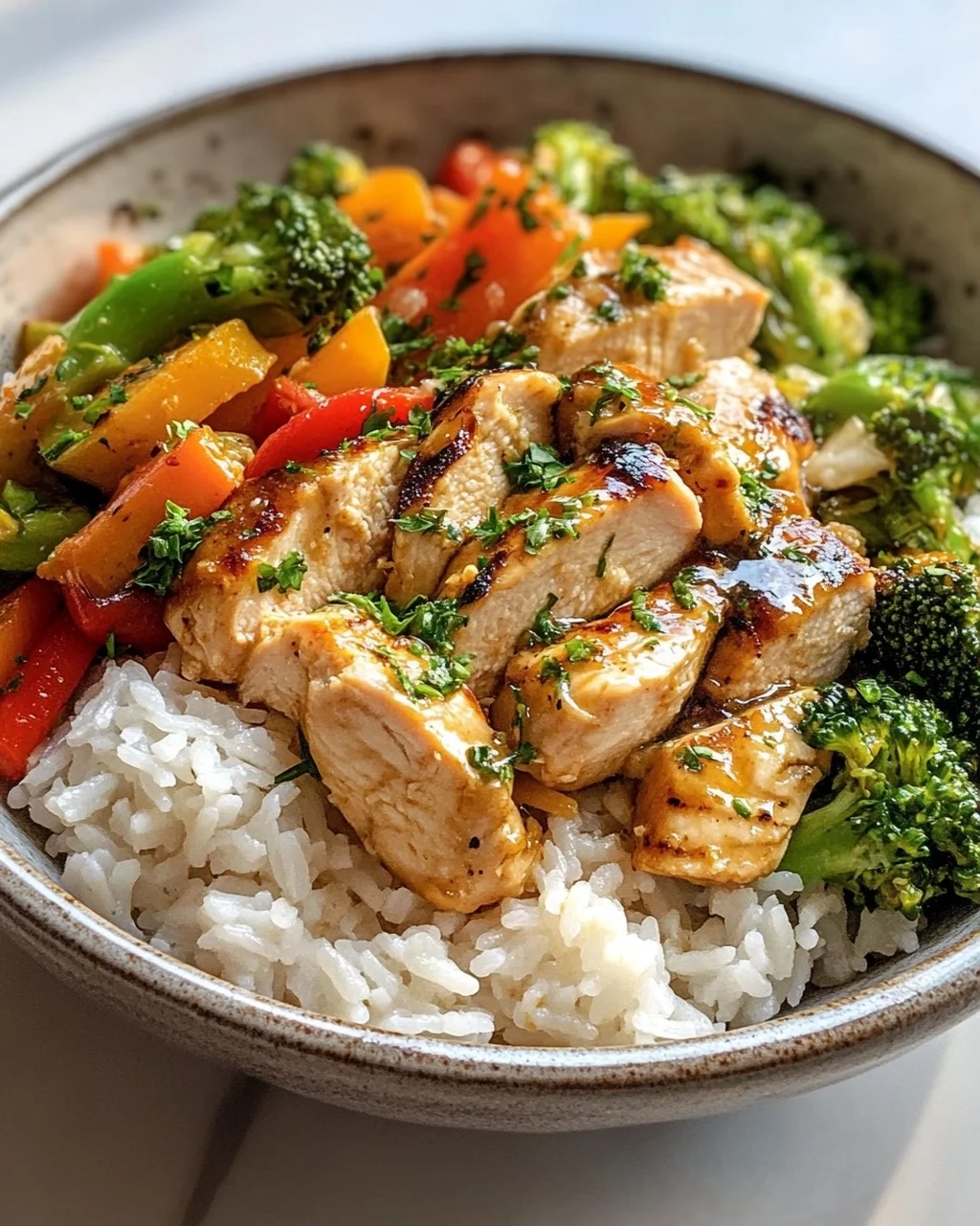 Hähnchen Reis Bowl mit Knoblauchbutter & frischem Gemüse