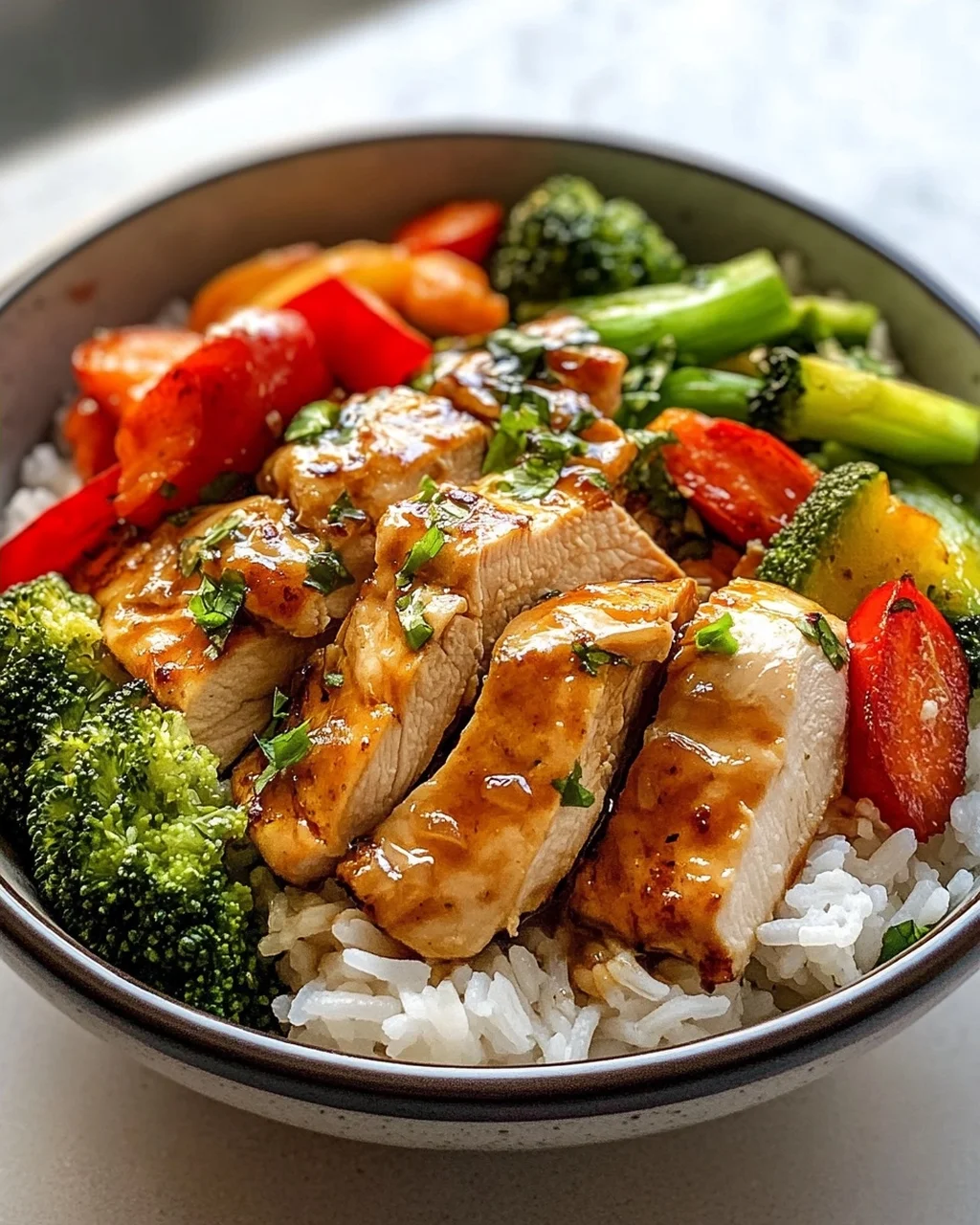Hähnchen Reis Bowl mit Knoblauchbutter & frischem Gemüse