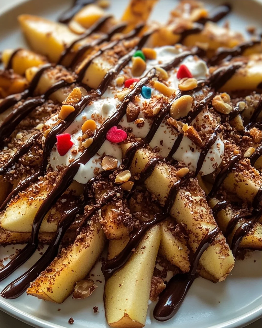 Himmlische Knusprige Apfel-Pommes Nachos mit Schoko-Drizzle