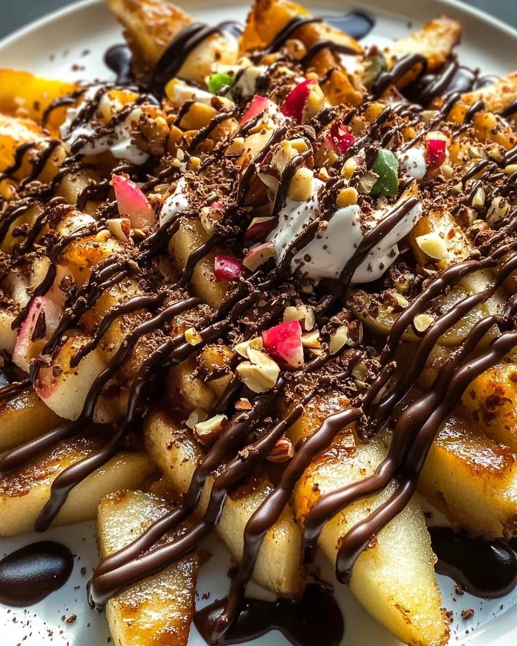 Himmlische Knusprige Apfel-Pommes Nachos mit Schoko-Drizzle