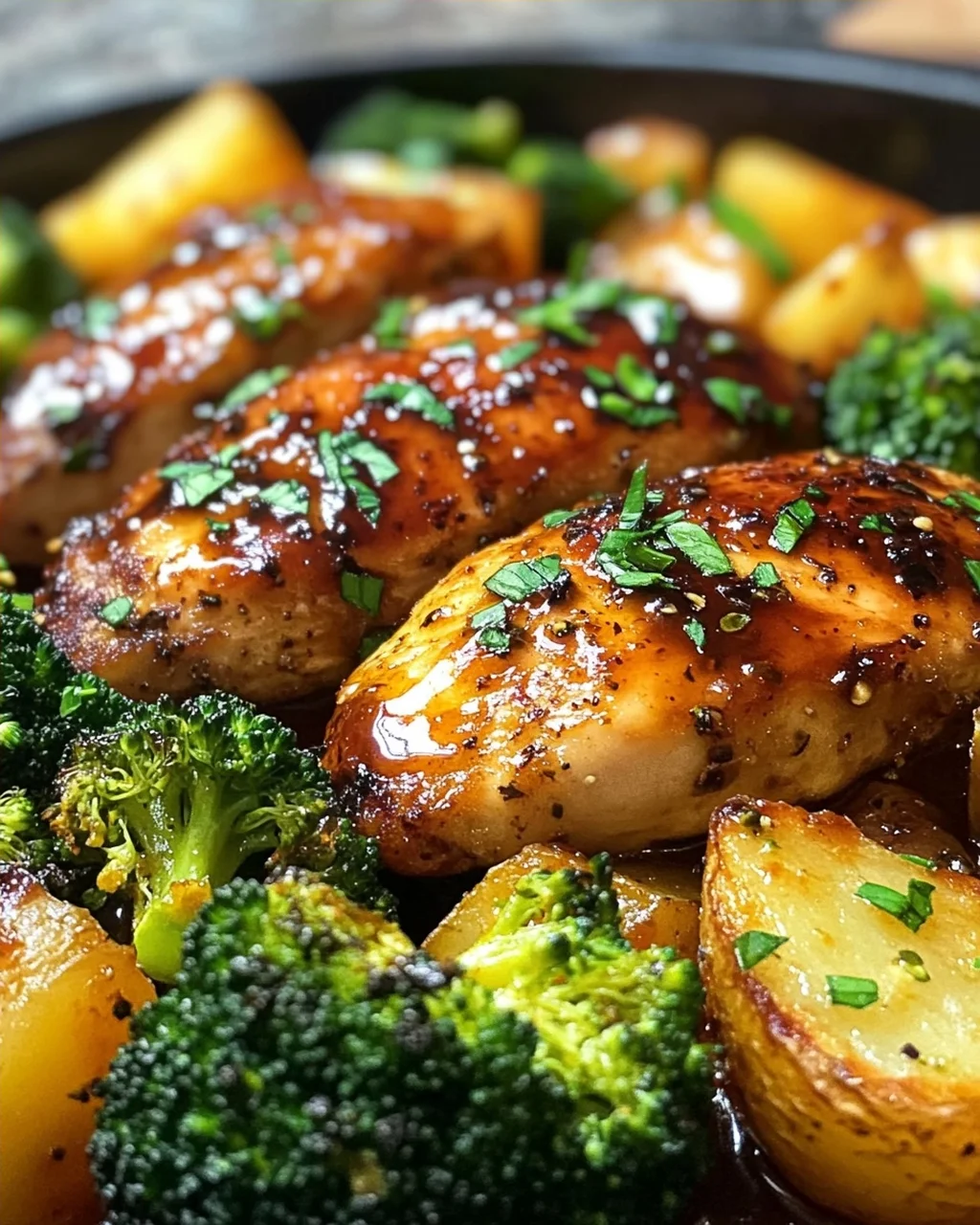 Honig-Knoblauch-Hähnchen mit Brokkoli und Kartoffeln aus dem Ofen