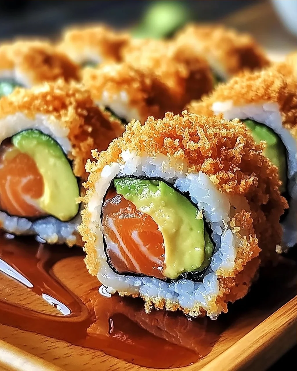 Knusprige frittierte Lachs- und Avocado-Rollen genießen