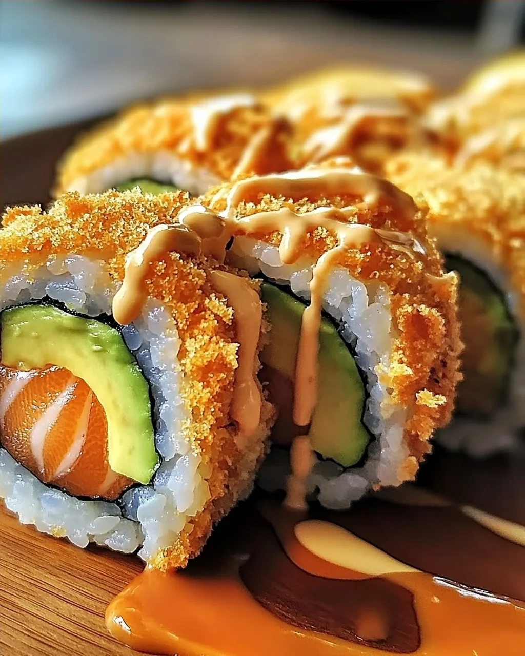 Knusprige frittierte Lachs- und Avocado-Rollen genießen