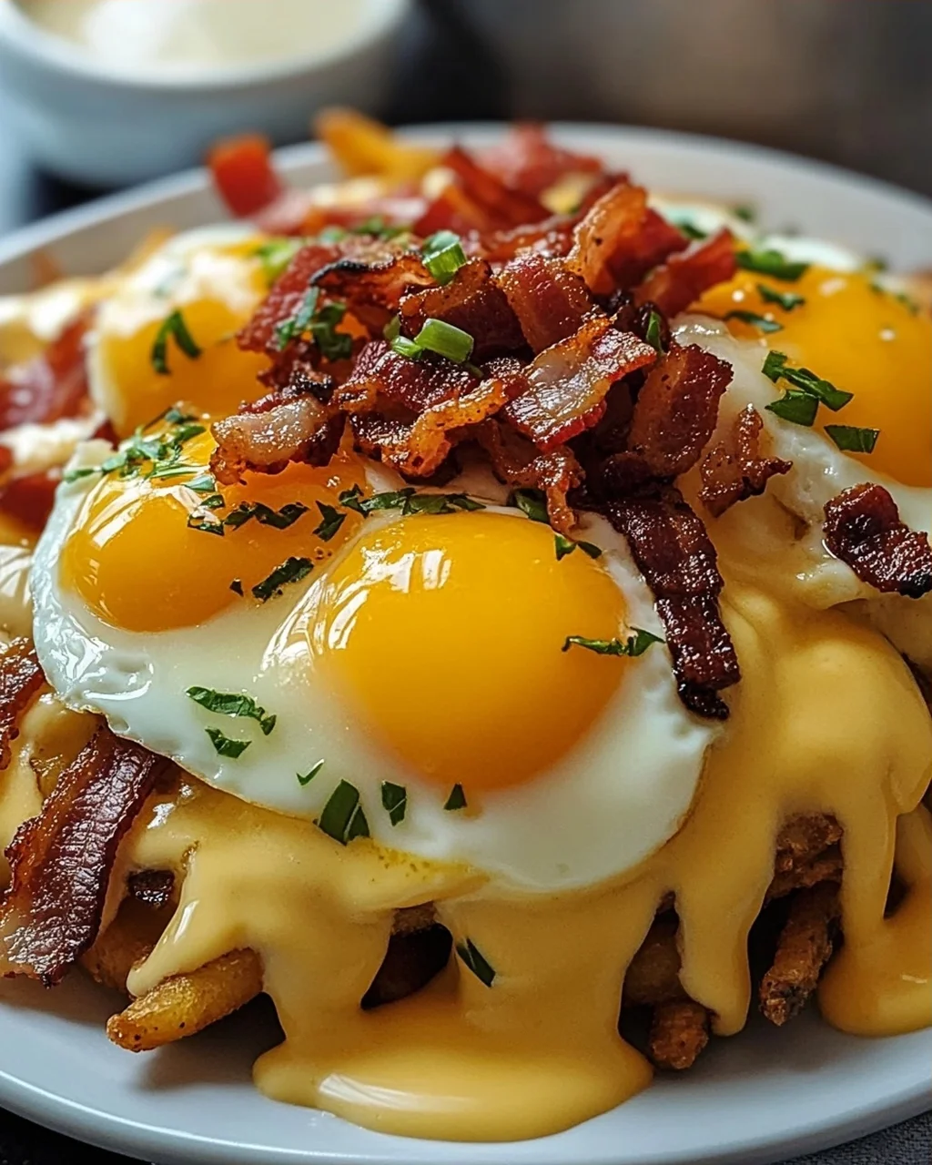 Köstliche Frühstücks Poutine mit cremiger Hollandaise.