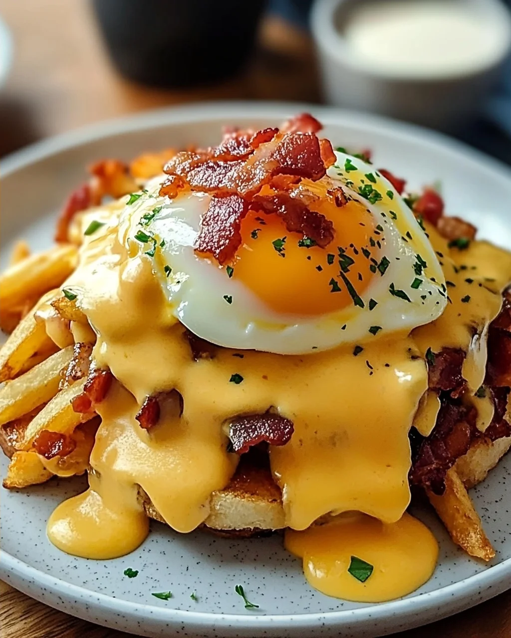 Köstliche Frühstücks Poutine mit cremiger Hollandaise.