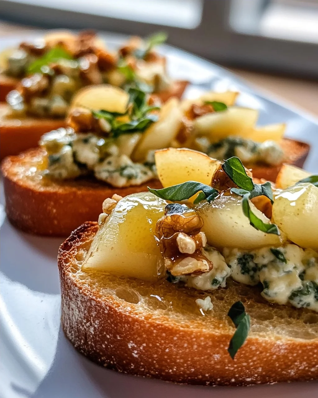 Köstliche Gorgonzola Birnen Bruschetta auf Baguette Rezept