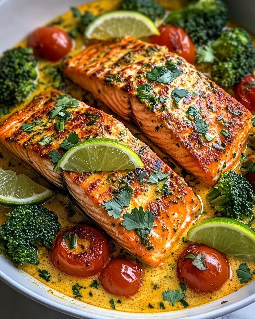 Köstlicher One Pan Kokos-Curry Lachs mit Knoblauchbutter