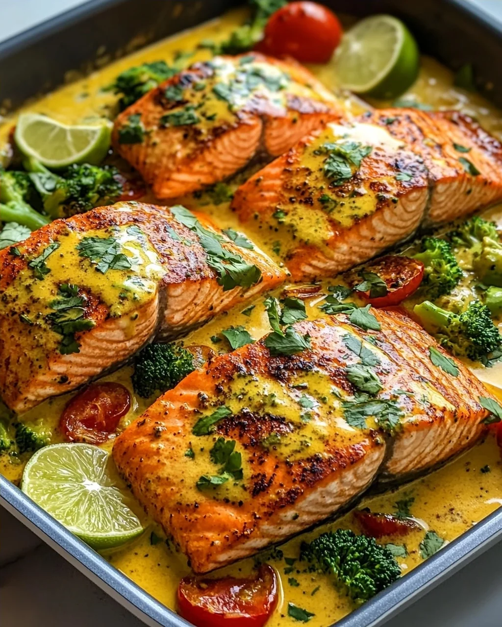Köstlicher One Pan Kokos-Curry Lachs mit Knoblauchbutter