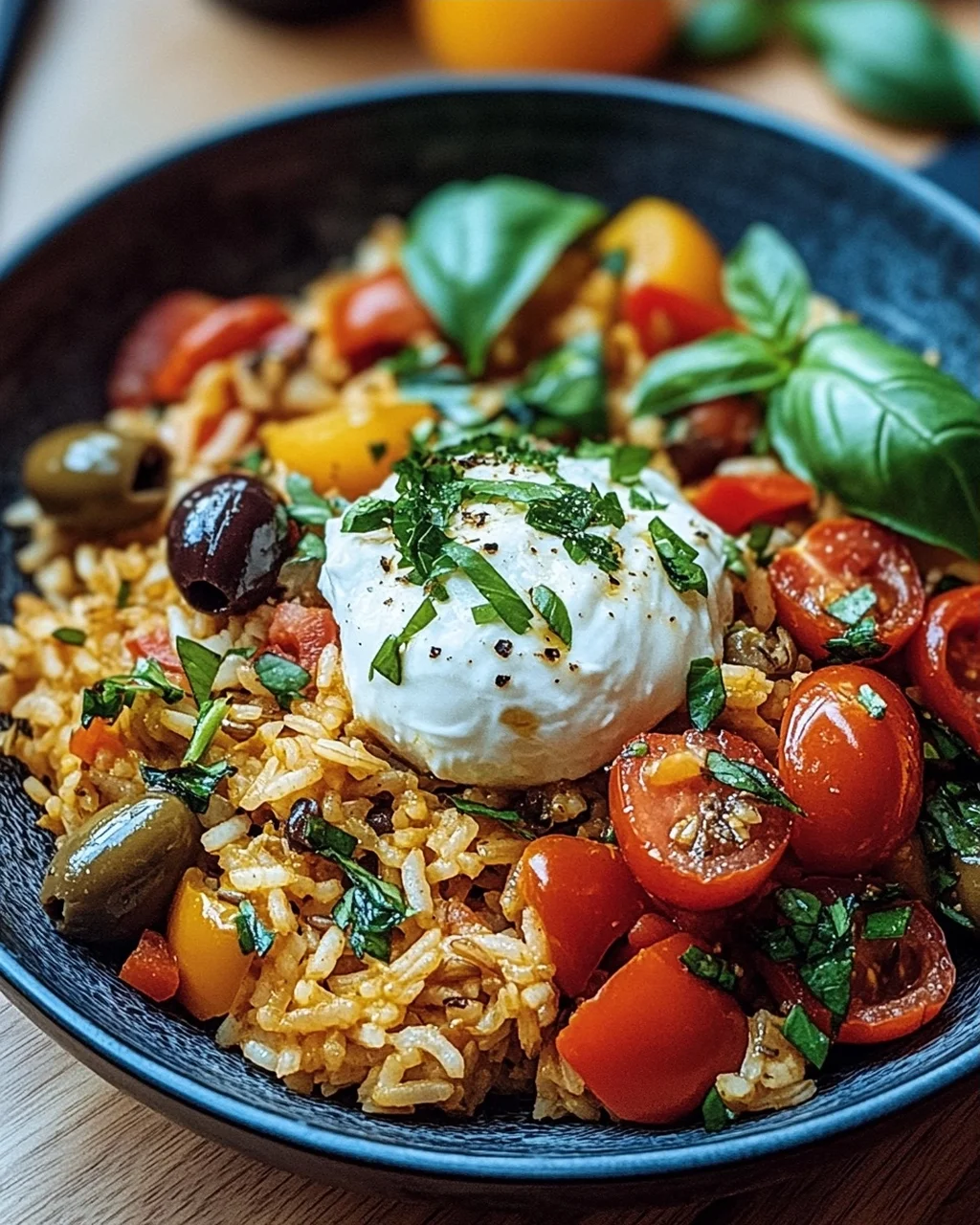 Mediterrane Reispfanne mit Burrata
