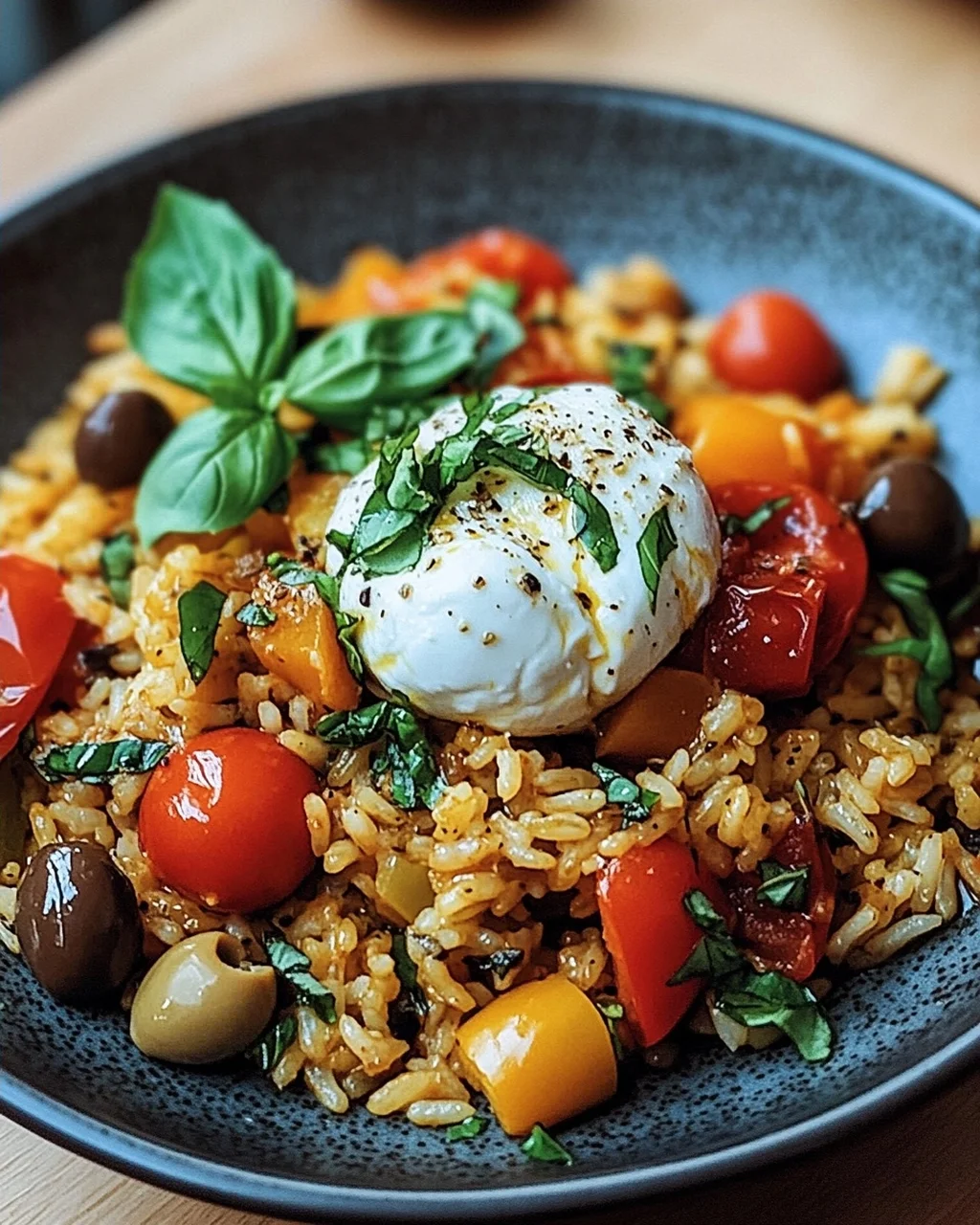 Mediterrane Reispfanne mit Burrata