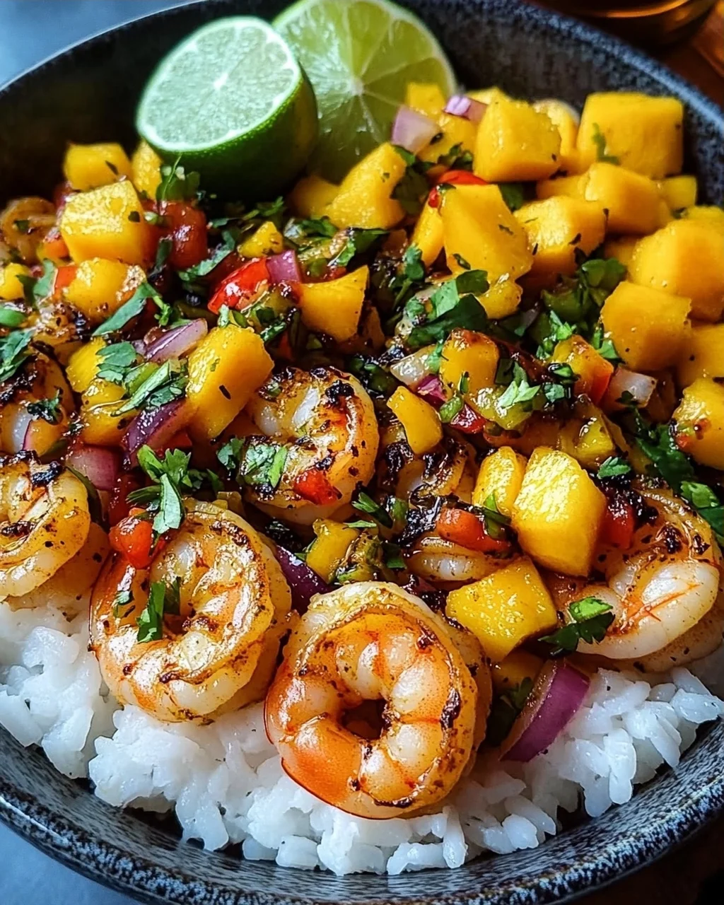 Pikante Garnelen und Mango Salsa Reisbowl
