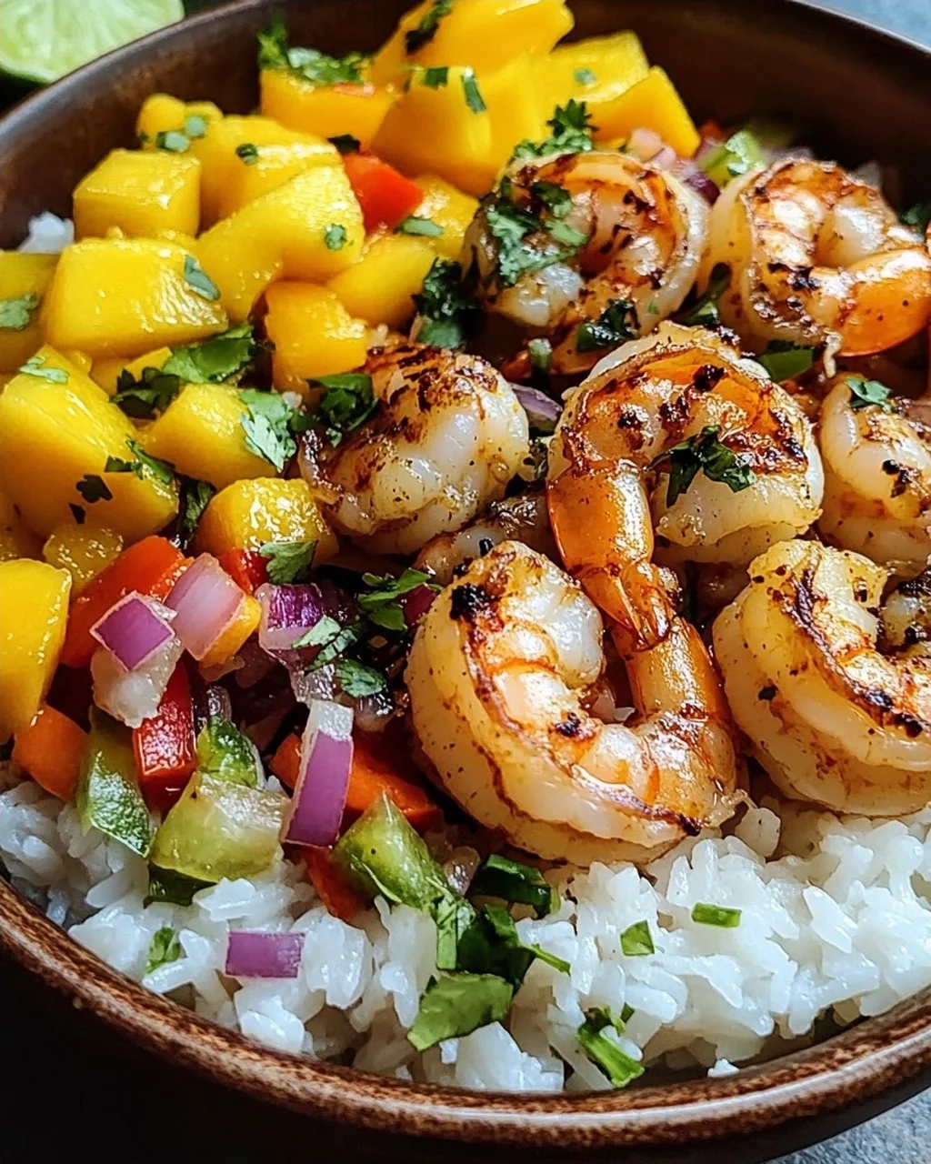 Pikante Garnelen und Mango Salsa Reisbowl