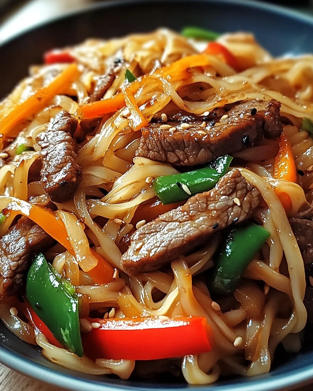 Reisnudeln mit Rindfleisch, Sojasauce und Gemüse