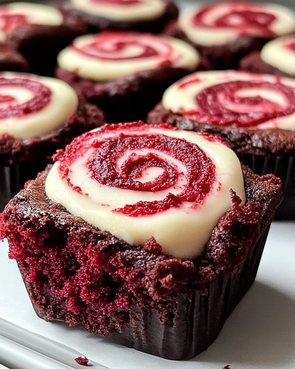 Rote Samt Brownie Bissen mit Frischkäse-Wirbel