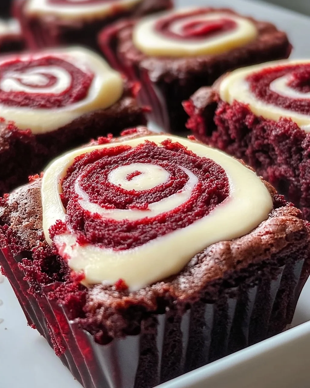 Rote Samt Brownie Bissen mit Frischkäse-Wirbel