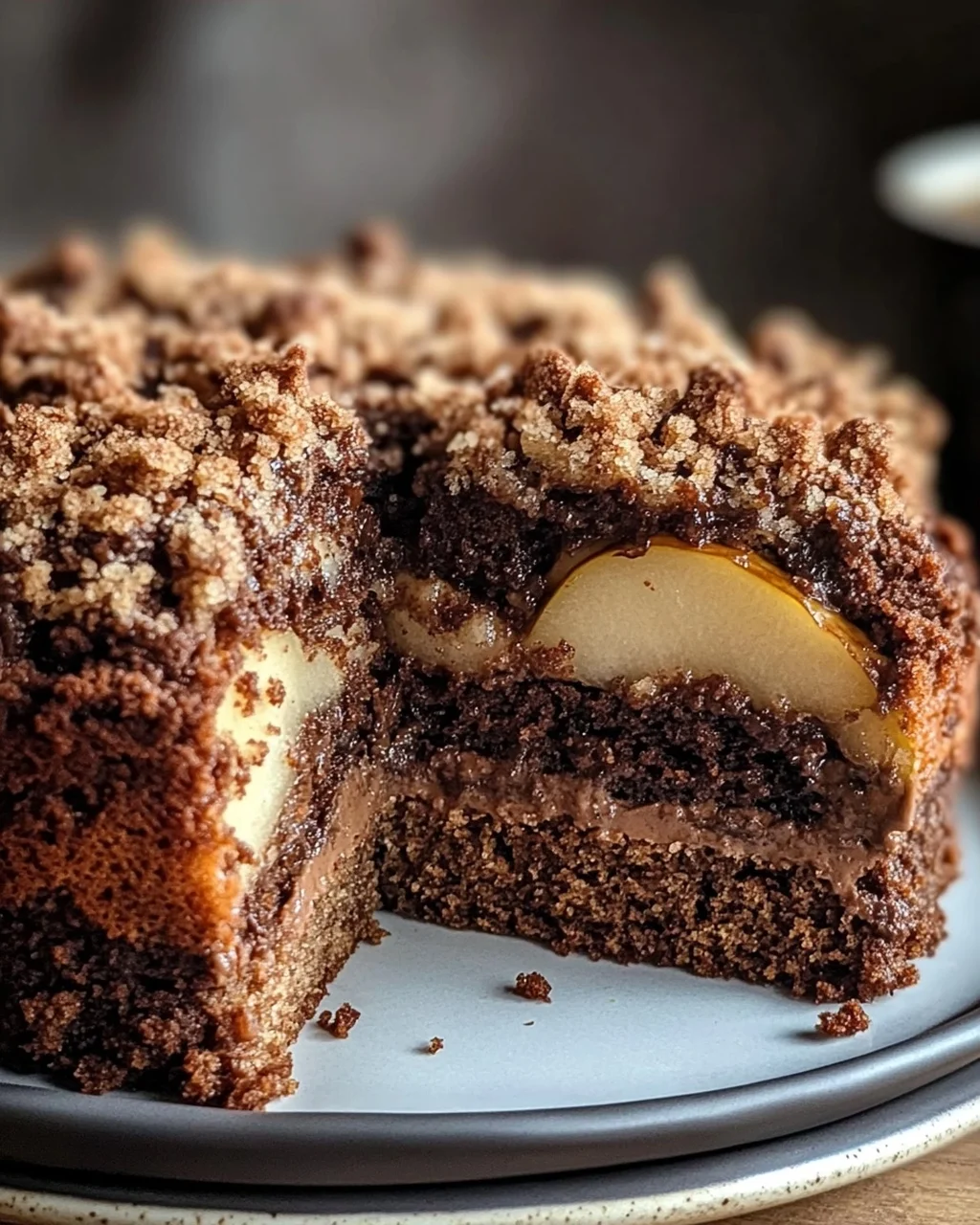 Saftiger Schokoladen-Birnenkuchen mit Schoko-Streuseln