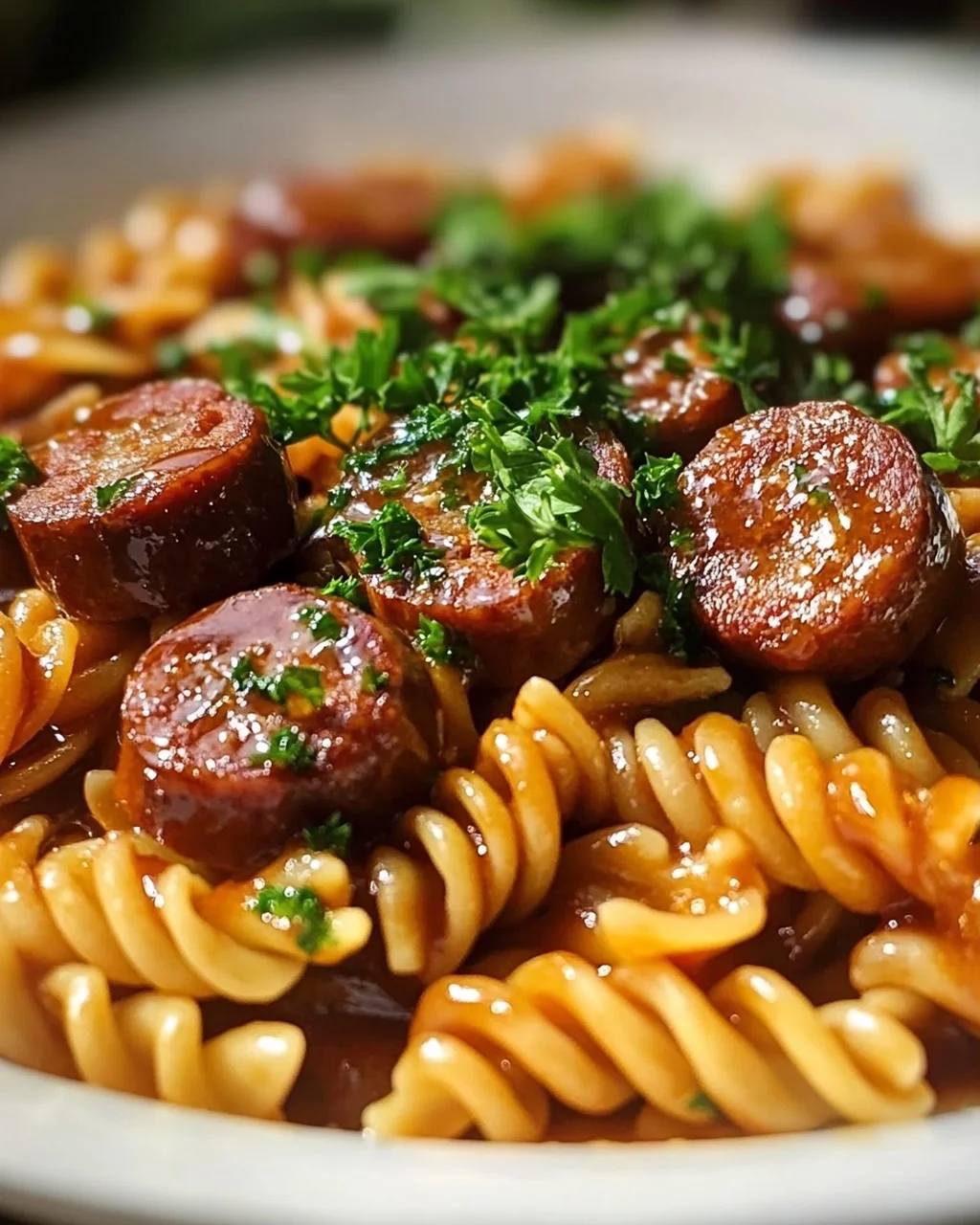 Scharfe Honig BBQ Wurst Pasta aus einer Pfanne – Schnell & Lecker!