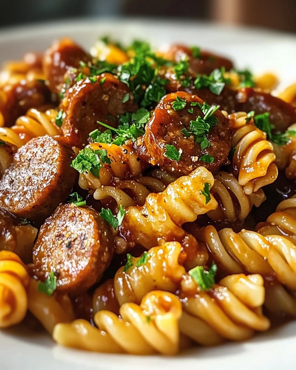 Scharfe Honig BBQ Wurst Pasta aus einer Pfanne – Schnell & Lecker!