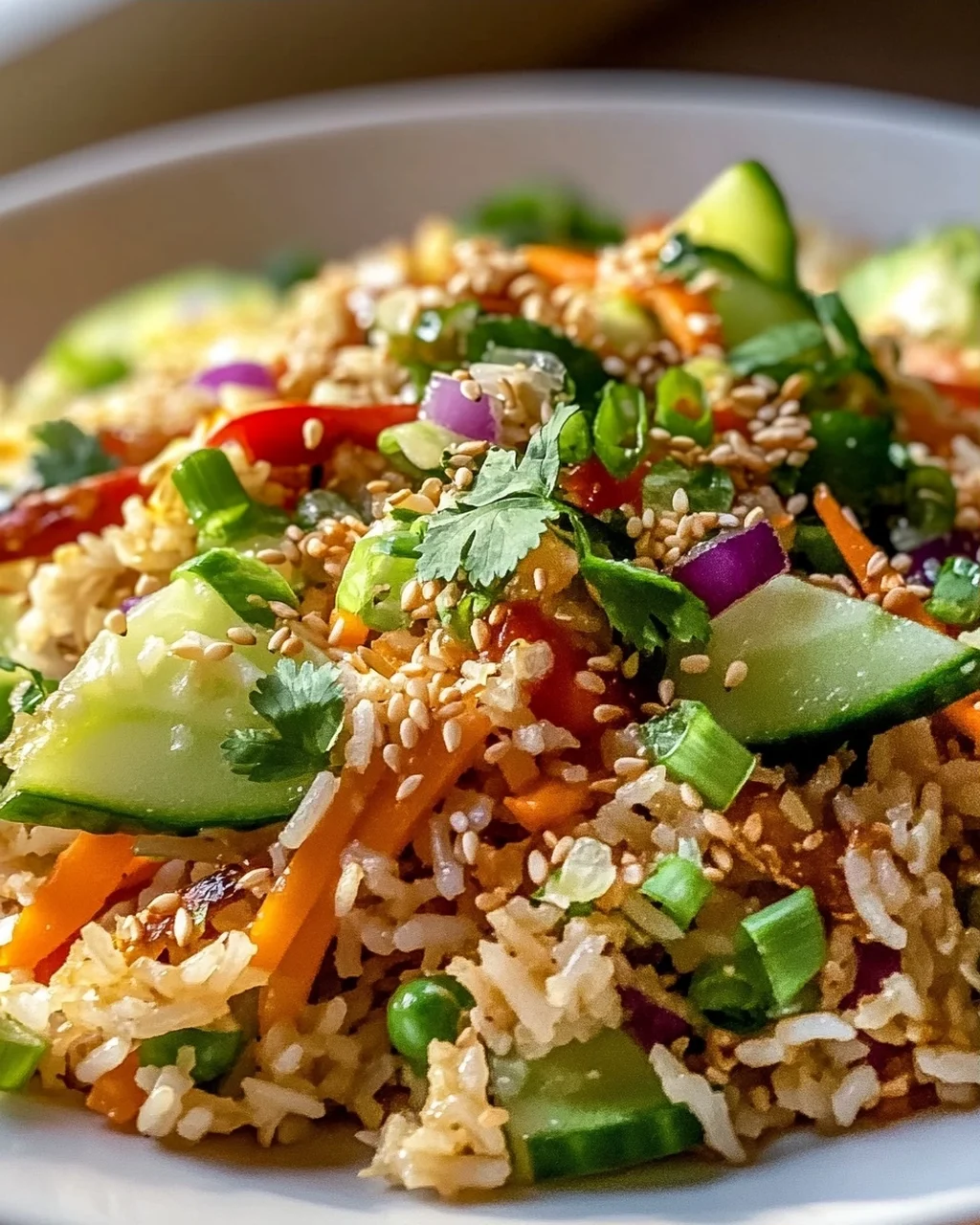 Schneller Knuspriger Reissalat mit Erdnuss-Sesam-Dressing
