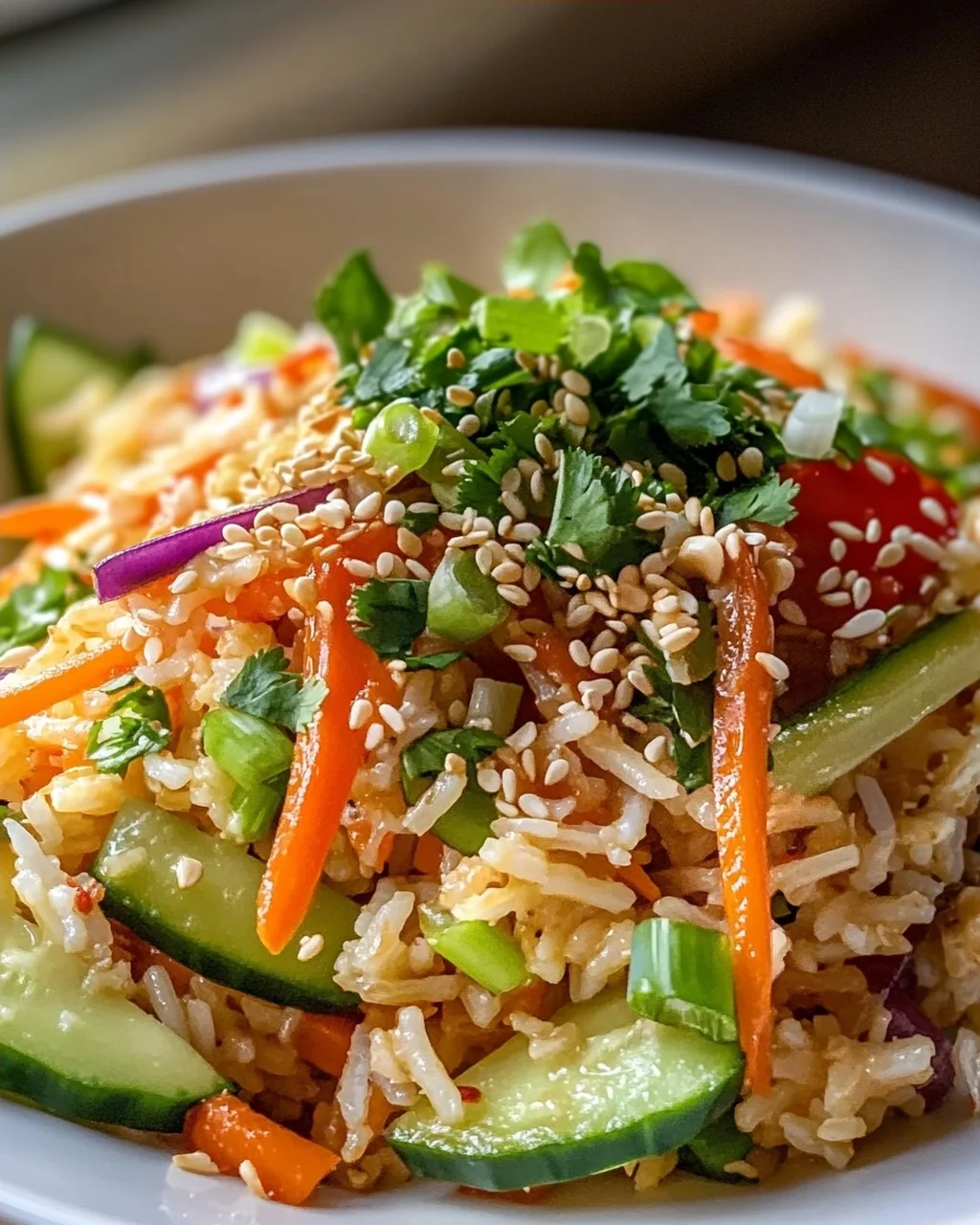 Schneller Knuspriger Reissalat mit Erdnuss-Sesam-Dressing