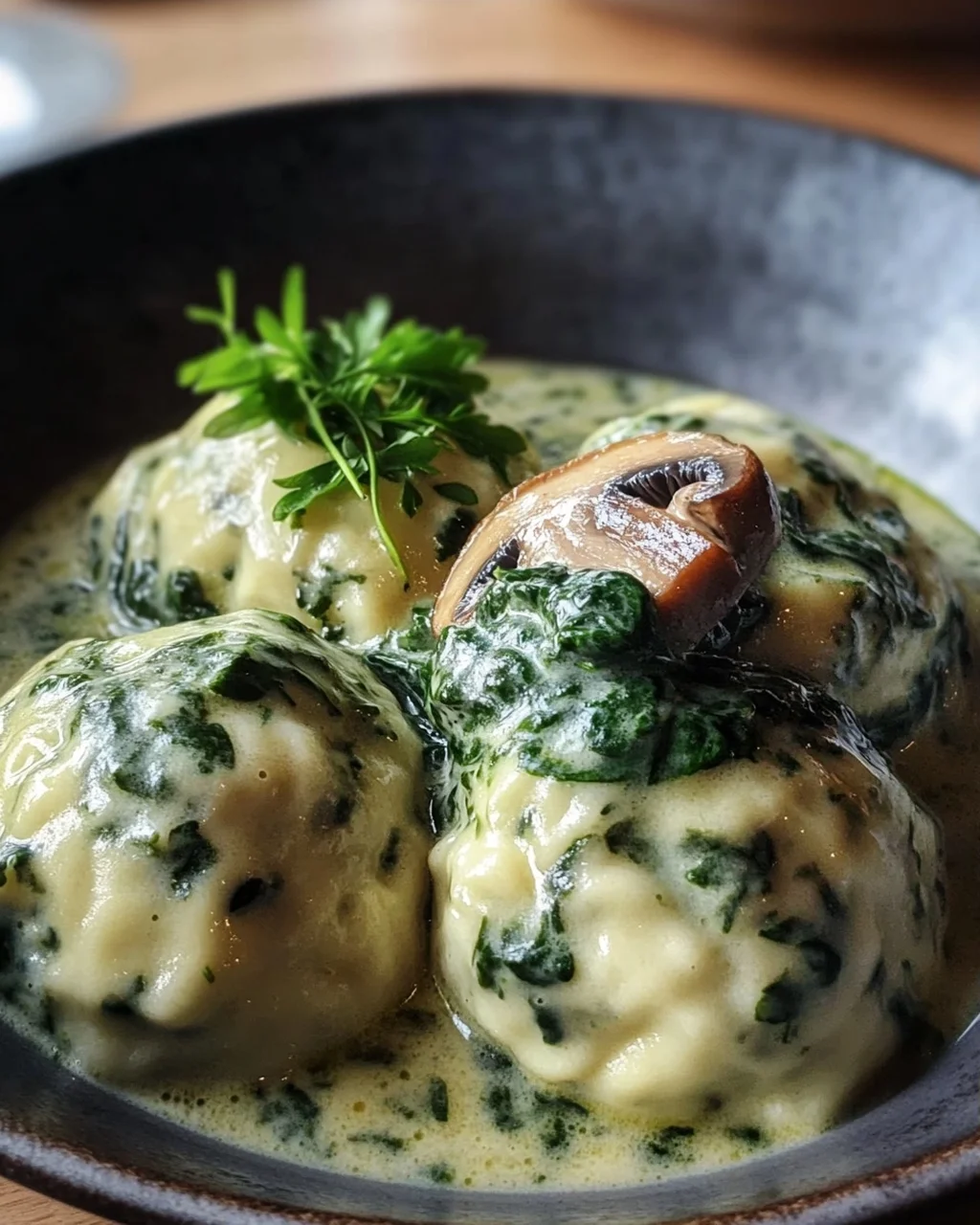 Südtiroler Spinatknödel mit Pilzrahm