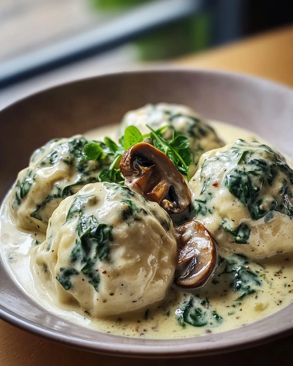 Südtiroler Spinatknödel mit Pilzrahm