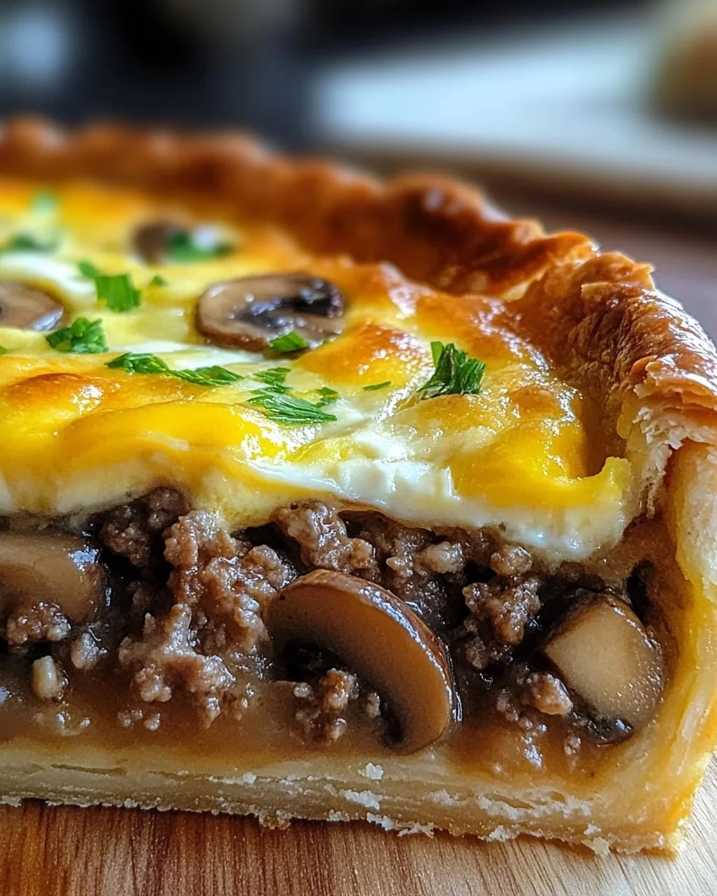 Torte mit Pilzen, Hackfleisch und Käse