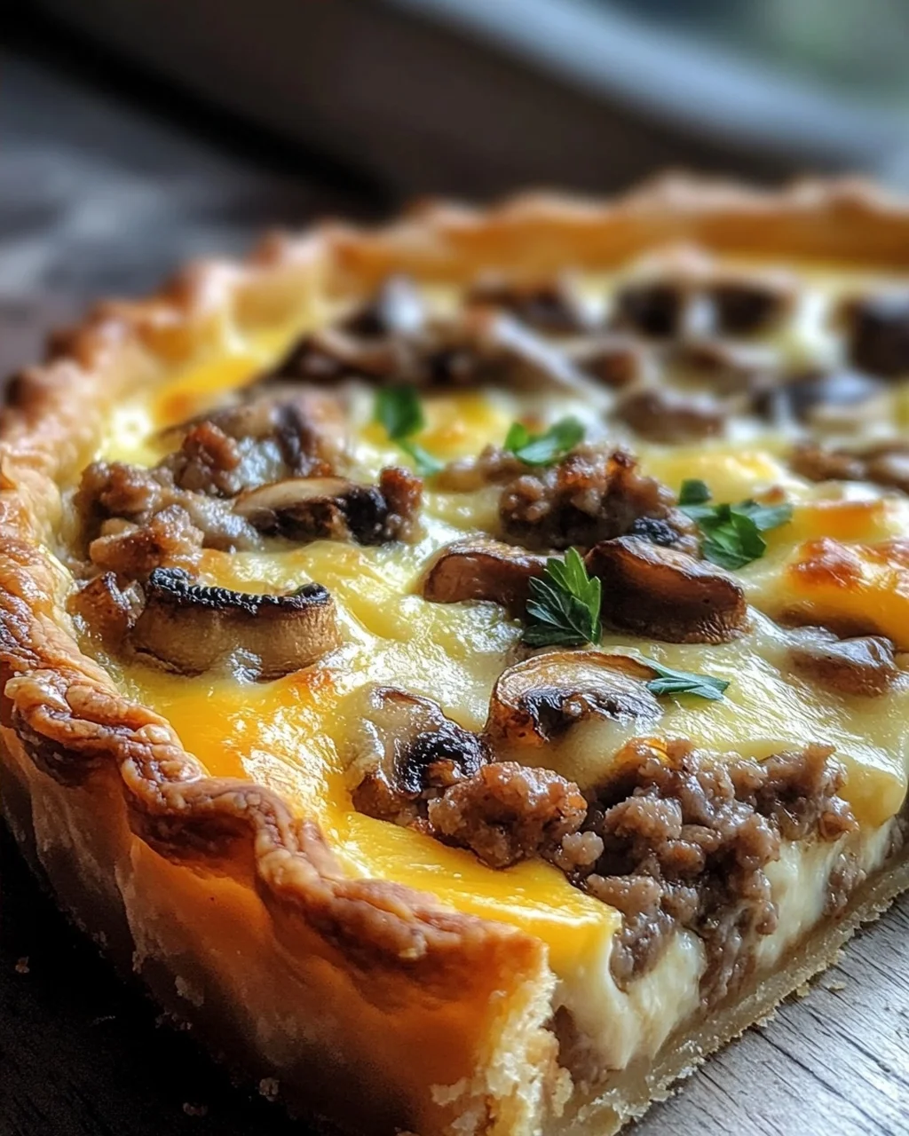 Torte mit Pilzen, Hackfleisch und Käse