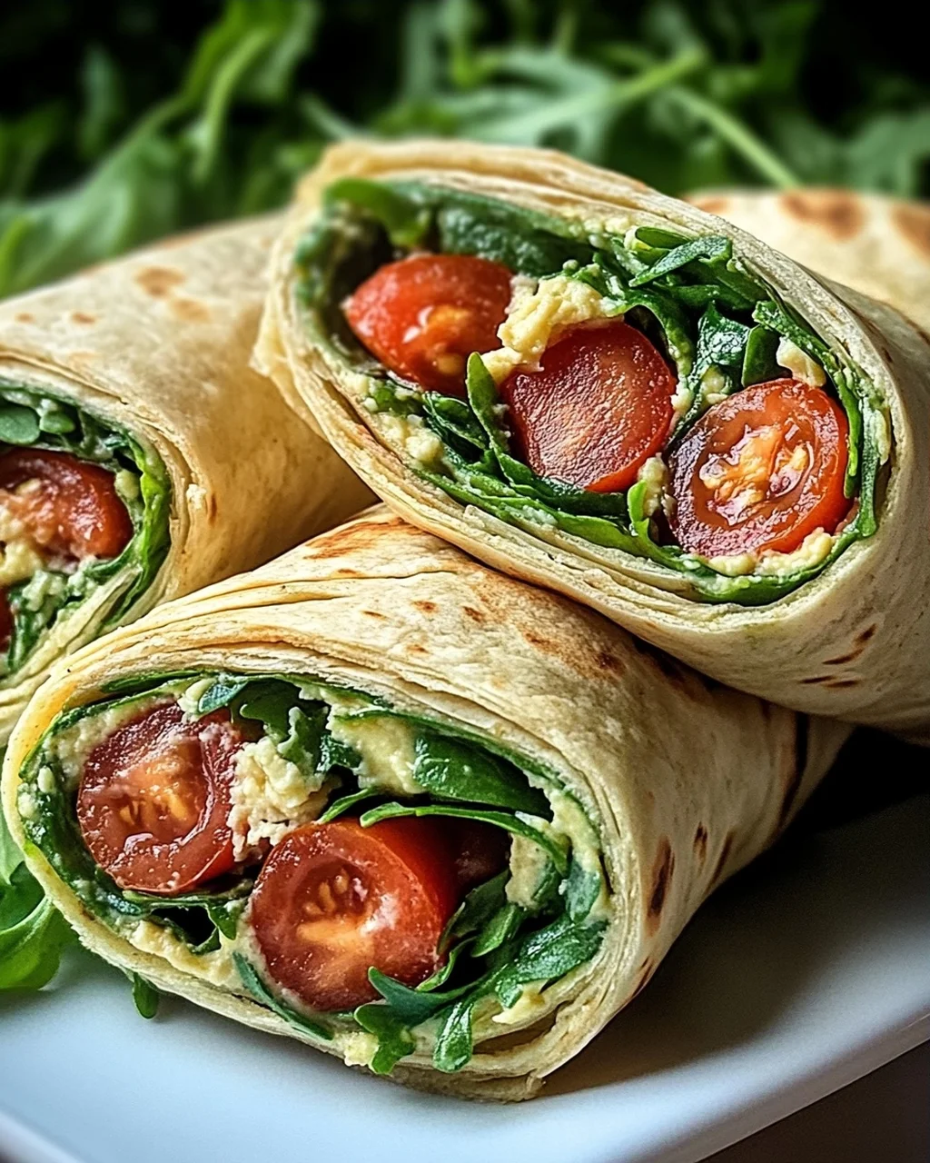 Vegetarische Wrap-Röllchen mit Rucola und Tomaten