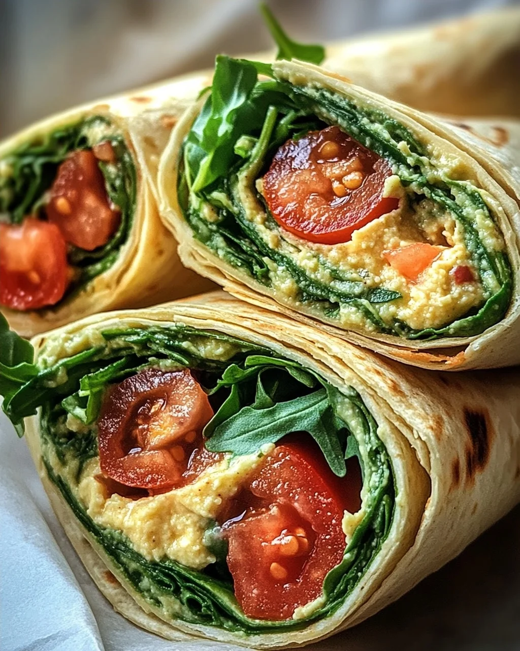 Vegetarische Wrap-Röllchen mit Rucola und Tomaten