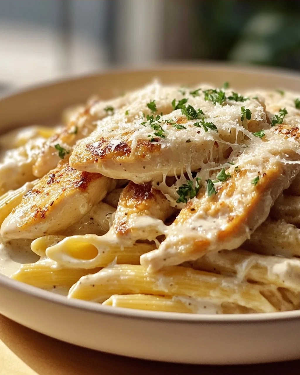 Zarte Hähnchenstreifen mit cremigen Nudeln in Sahnesauce