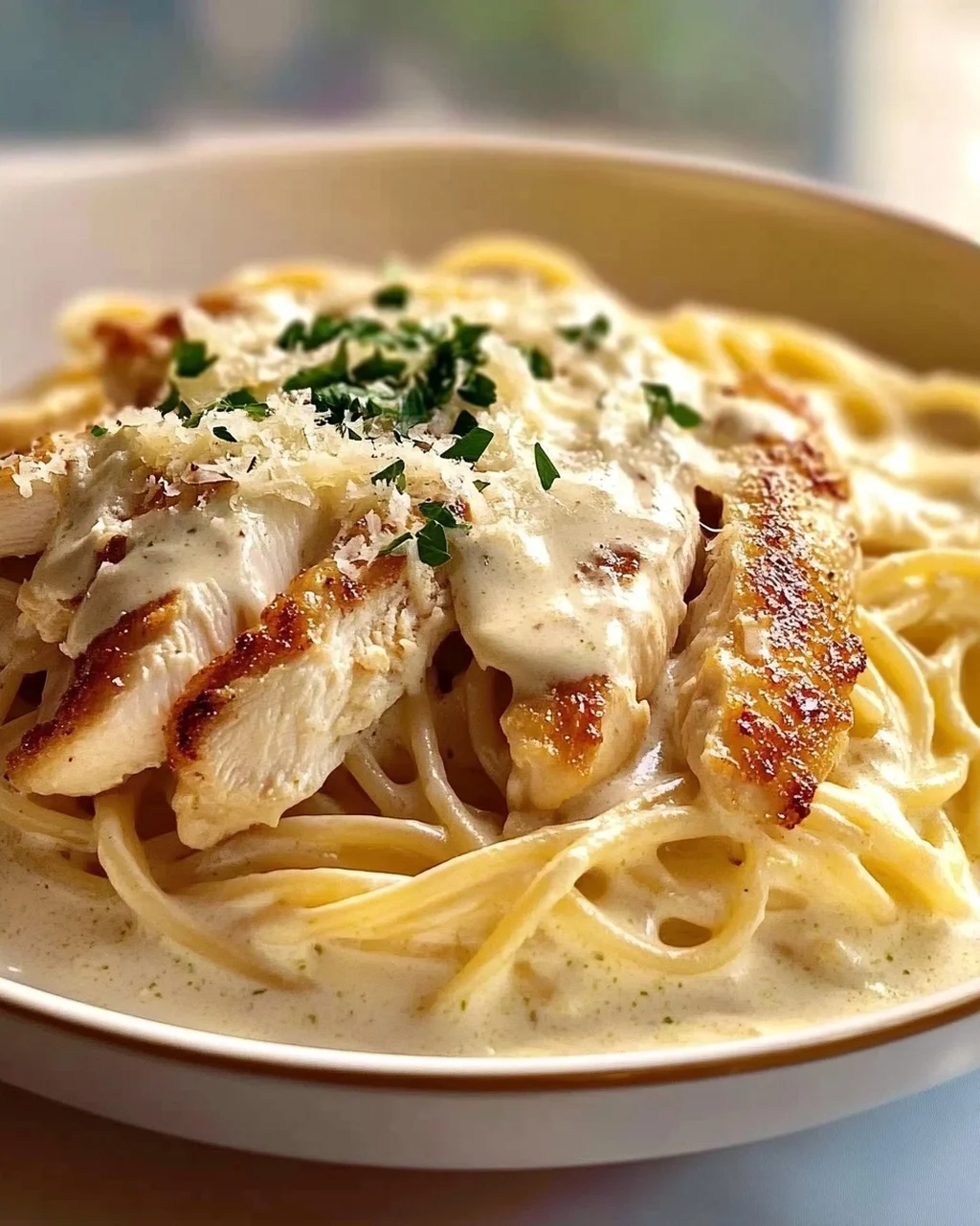 Zarte Hähnchenstreifen mit cremigen Nudeln in Sahnesauce