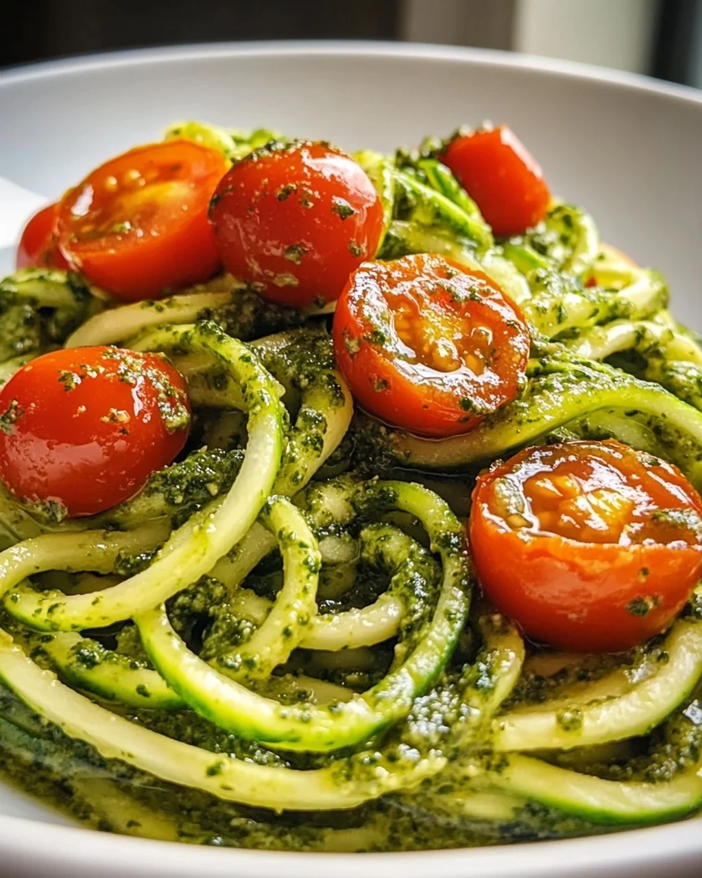 Zucchini Spaghetti mit Pesto & süßen Kirschtomaten – leicht & lecker!