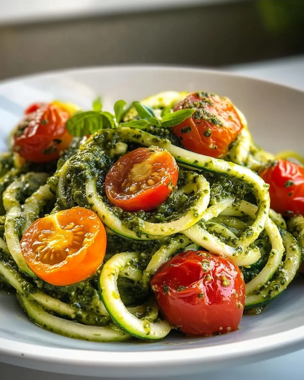 Zucchini Spaghetti mit Pesto & süßen Kirschtomaten – leicht & lecker!